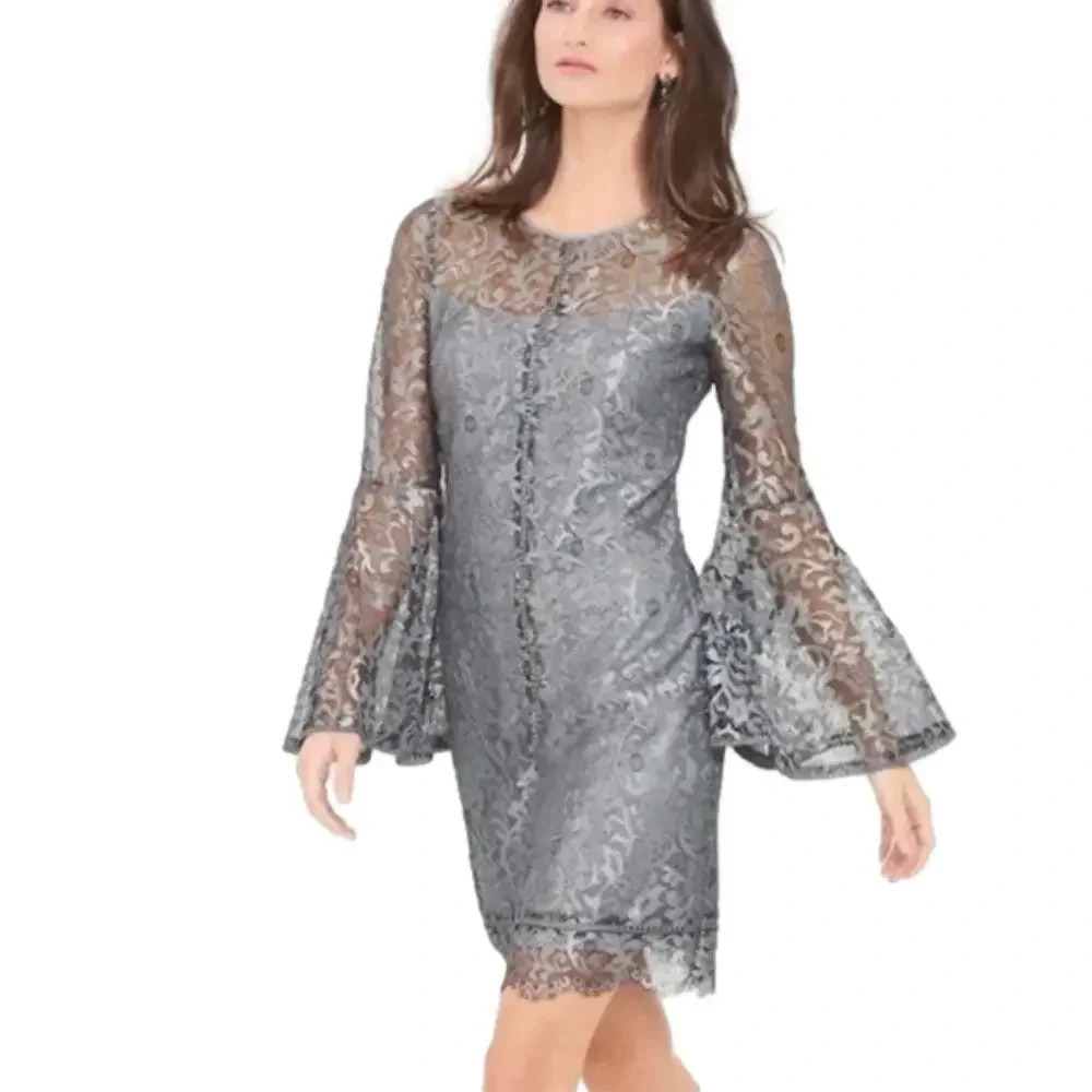 White‎ House Black Market Metallic Lace Bell Sleeve Dress